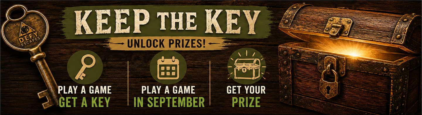 Defy Escapes Keep the Key promotion — play a game, get a key, unlock the treasure chest